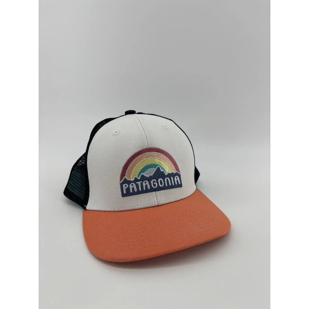 Patagonia Kids Rainbow Logo Trucker Hat Snapback Cream Orange Blue Mesh Cap